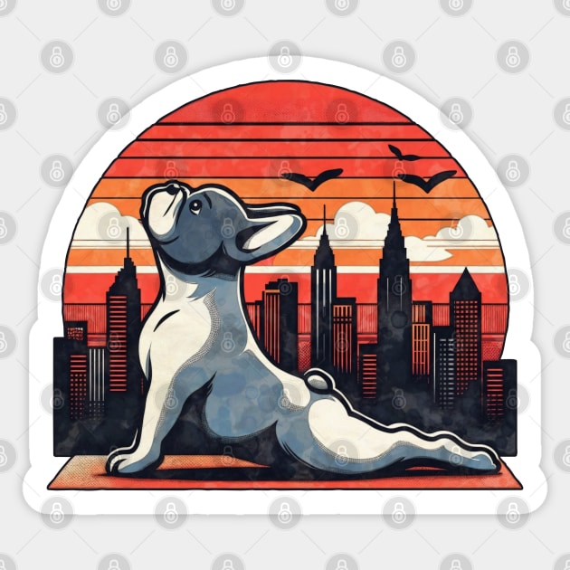 French bulldog, yoga style, silhouette frenchie on watercolor sunset and city Sticker by Collagedream